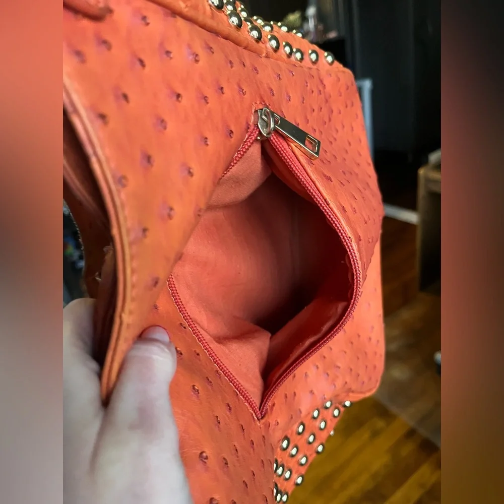 Expressions NYC Orange Faux Ostrich Studded Shoulder Bag Slightly Flawed - Picture 5 of 16
